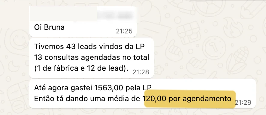 Print de depoimento: Francislane Crepalde, agendamentos a R$120 cada
